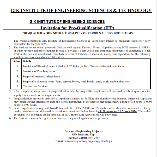 Invitation For Pre Qualification Ifp Ghulam Ishaq Khan Institute Of