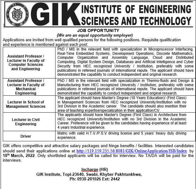 faculty-positions-ghulam-ishaq-khan-institute-of-engineering-sciences