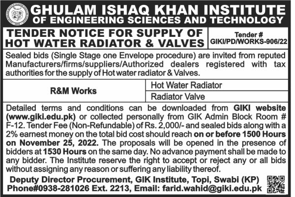 Tender Notice For Supply Of Hot Water Radiator Valves Ghulam Ishaq Khan Institute Of