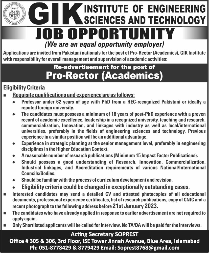 Job Opportunity | Pro-Rector (Academics) - Ghulam Ishaq Khan Institute ...