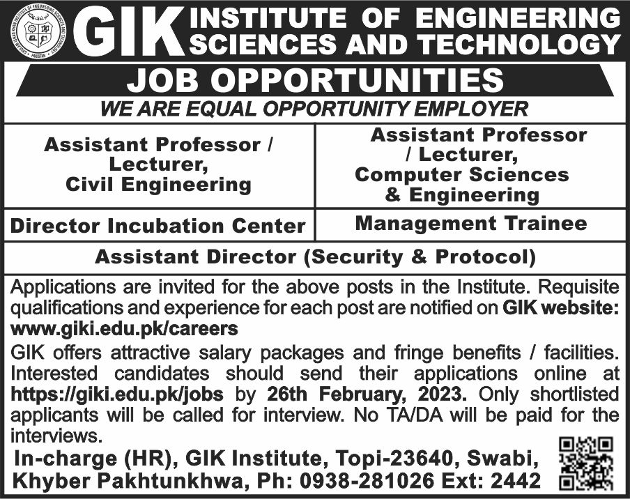 Job Opportunity - Ghulam Ishaq Khan Institute Of Engineering Sciences ...