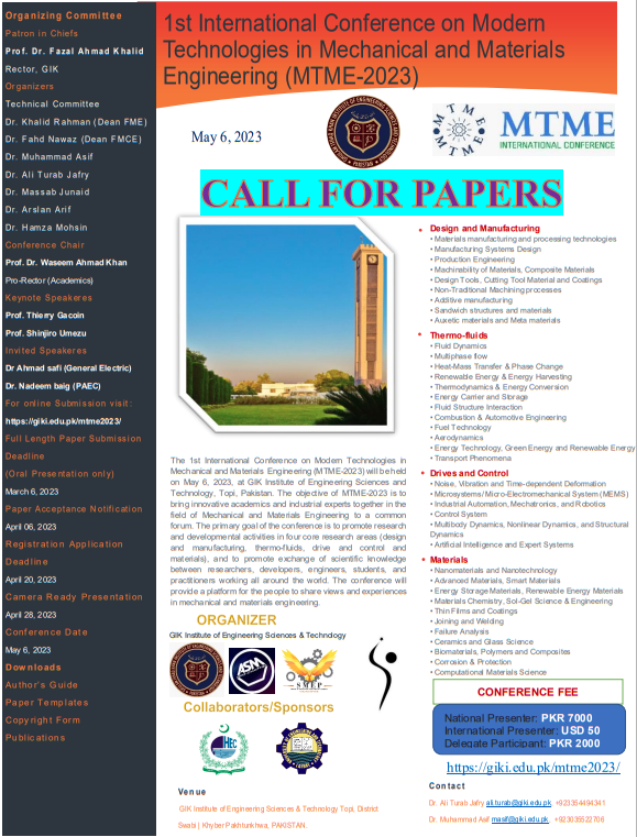 Call For Papers Ghulam Ishaq Khan Institute of Engineering Sciences