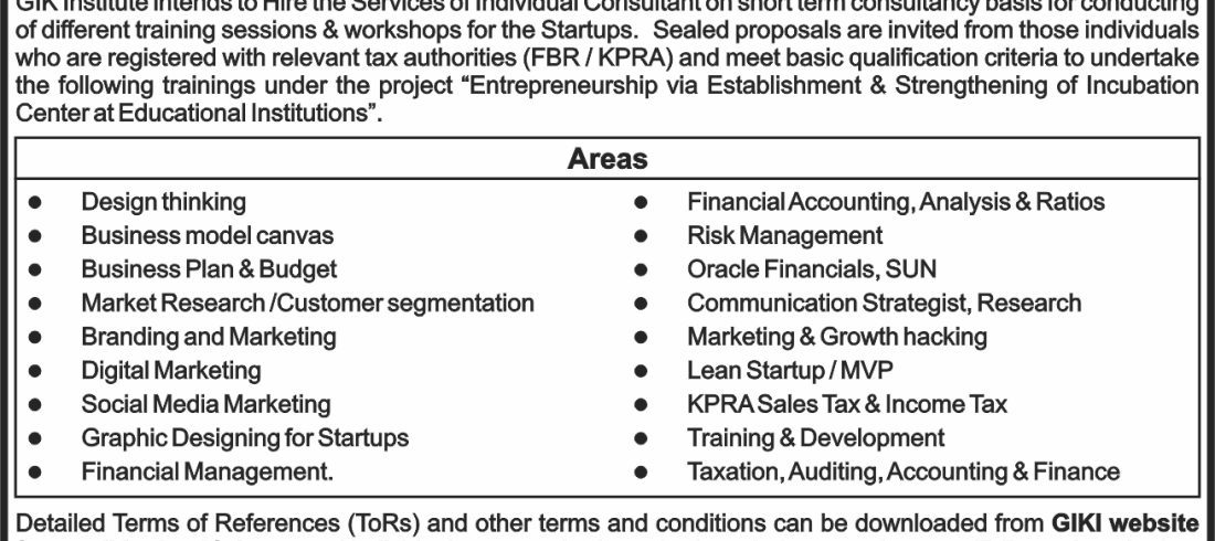 TERMS OF REFERENCES (TORs) For Hiring of Individual Consultant for Conducting Trainings & Workshops