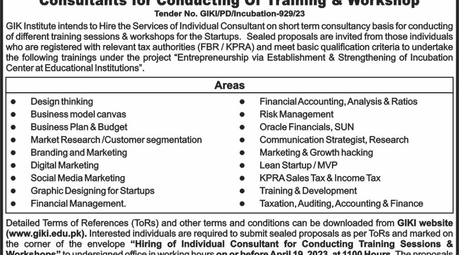 TERMS OF REFERENCES (TORs) For Hiring of Individual Consultant for Conducting Trainings & Workshops