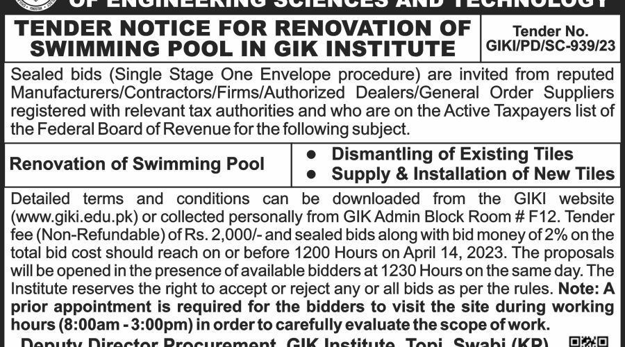 Tender Notice for Renovation of Swimming Pool