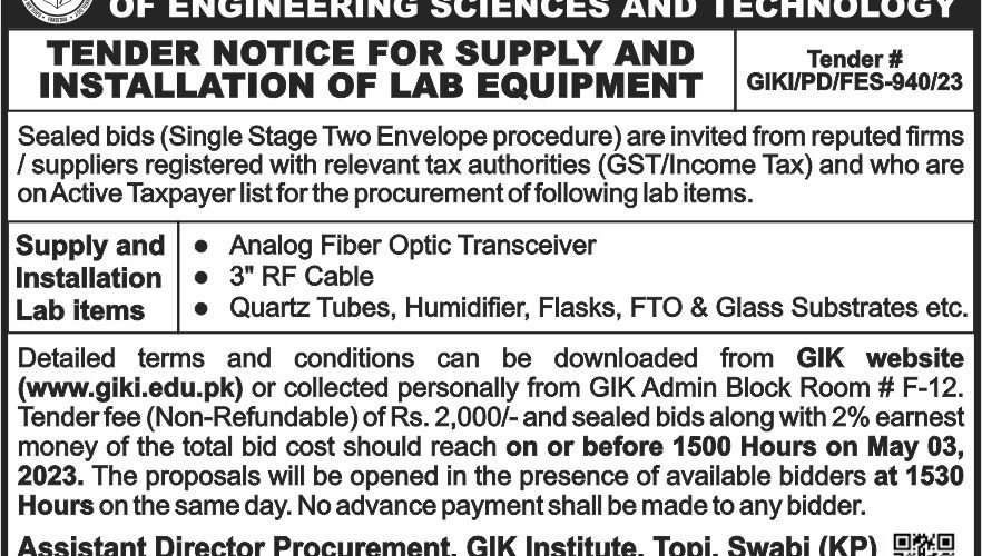 TENDER NOTICE FOR SUPPLY AND INSTALLATION OF LAB EQUIPMENT Tender # GIKI/PD/FES-940/23