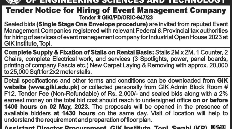 Tender notice for Hiring of Event Management Company for IOH 2023 - GIKI/PD/ORIC-947/23