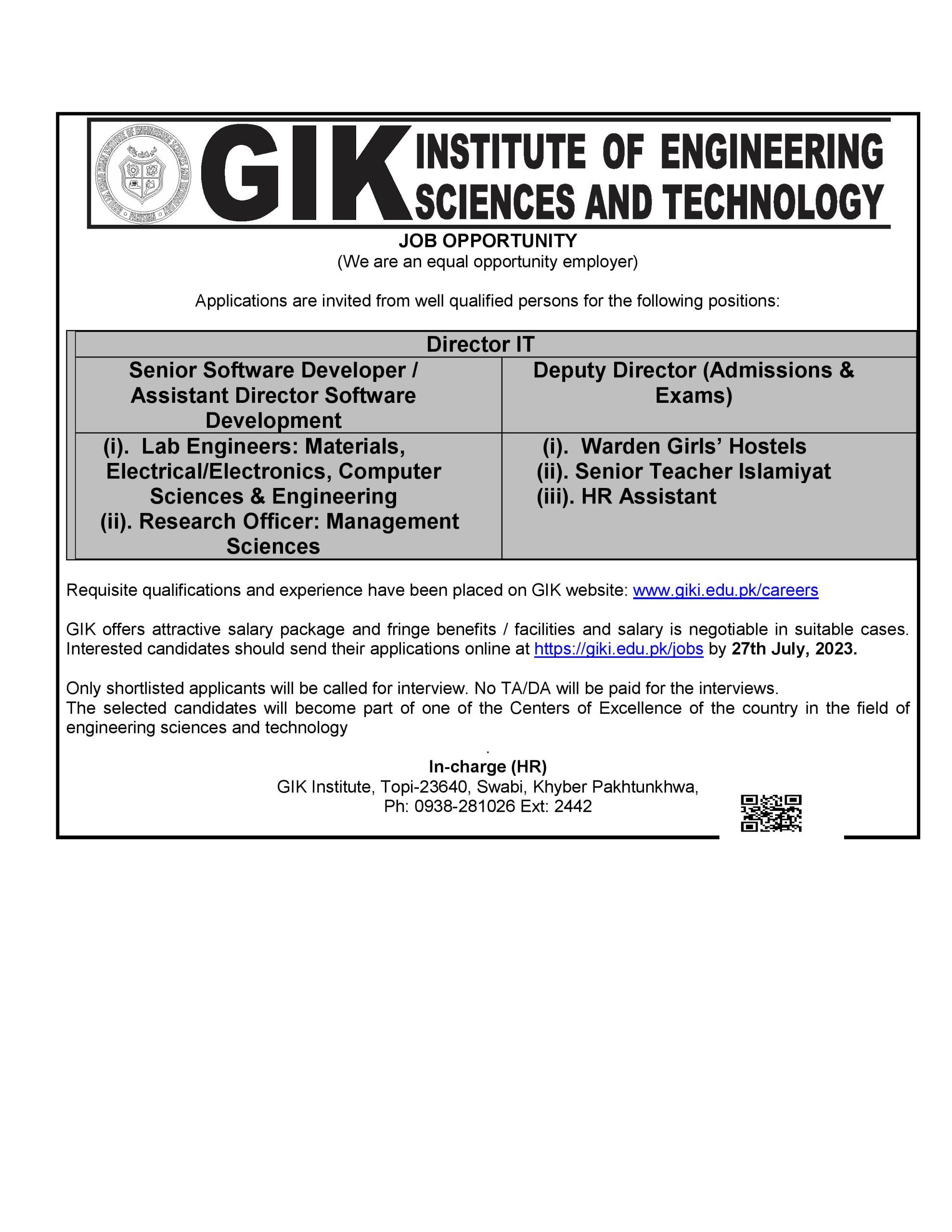 JOB OPPORTUNITIES - Ghulam Ishaq Khan Institute Of Engineering Sciences ...