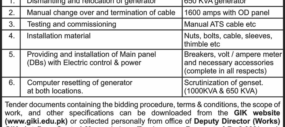 Tender Notice for Shifting of Generator (Tender # GIKI/PD/Works/02)