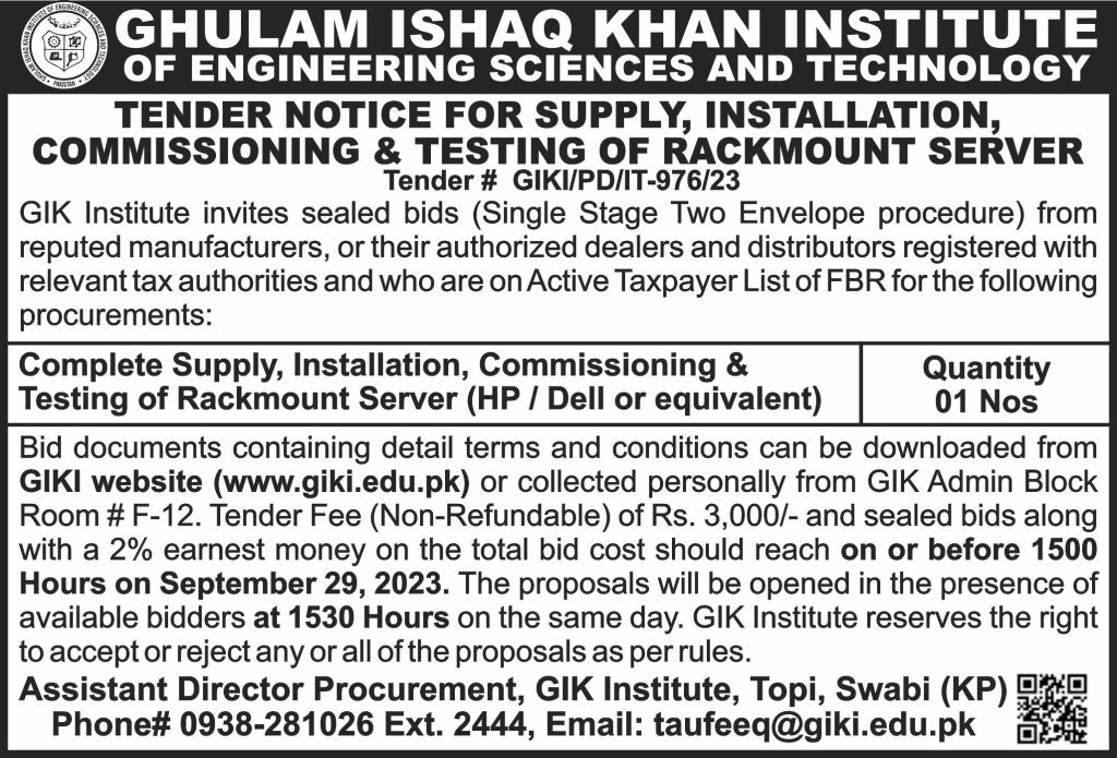 Tender Notice For Supply Installation Commissioning Testing Of