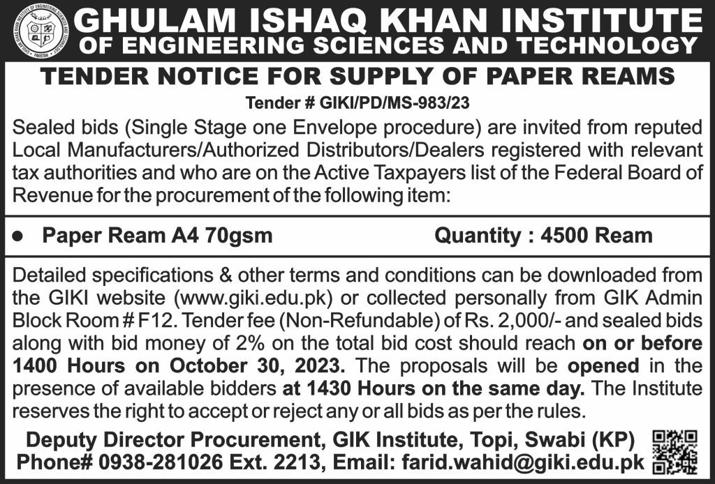 Tender Notice For Supply Of Paper Reams Giki Pd Ms Ghulam Ishaq Khan Institute Of