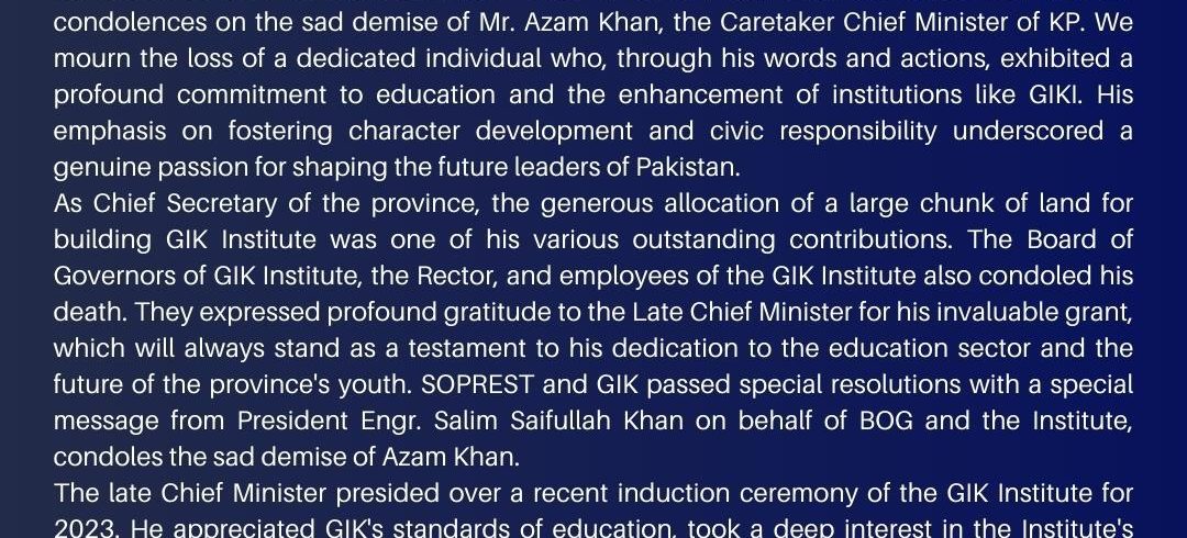 GIK Institute deeply condoles death of the late Mr. Muhammad Azam Khan, Caretaker Chief Minister Khyber Pakhtunkhwa