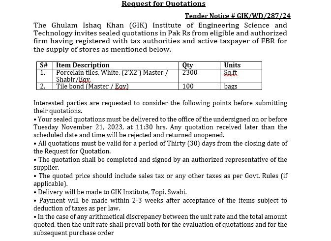 Tender Notice # GIK/WD/287/24