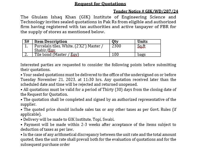 Tender Notice # GIK/WD/287/24