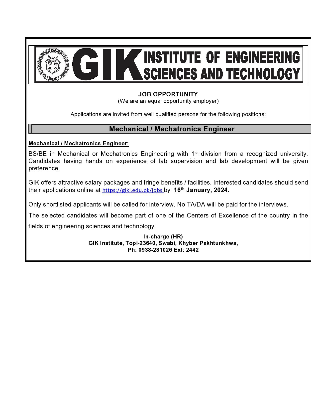 JOB OPPORTUNITY - Ghulam Ishaq Khan Institute Of Engineering Sciences ...