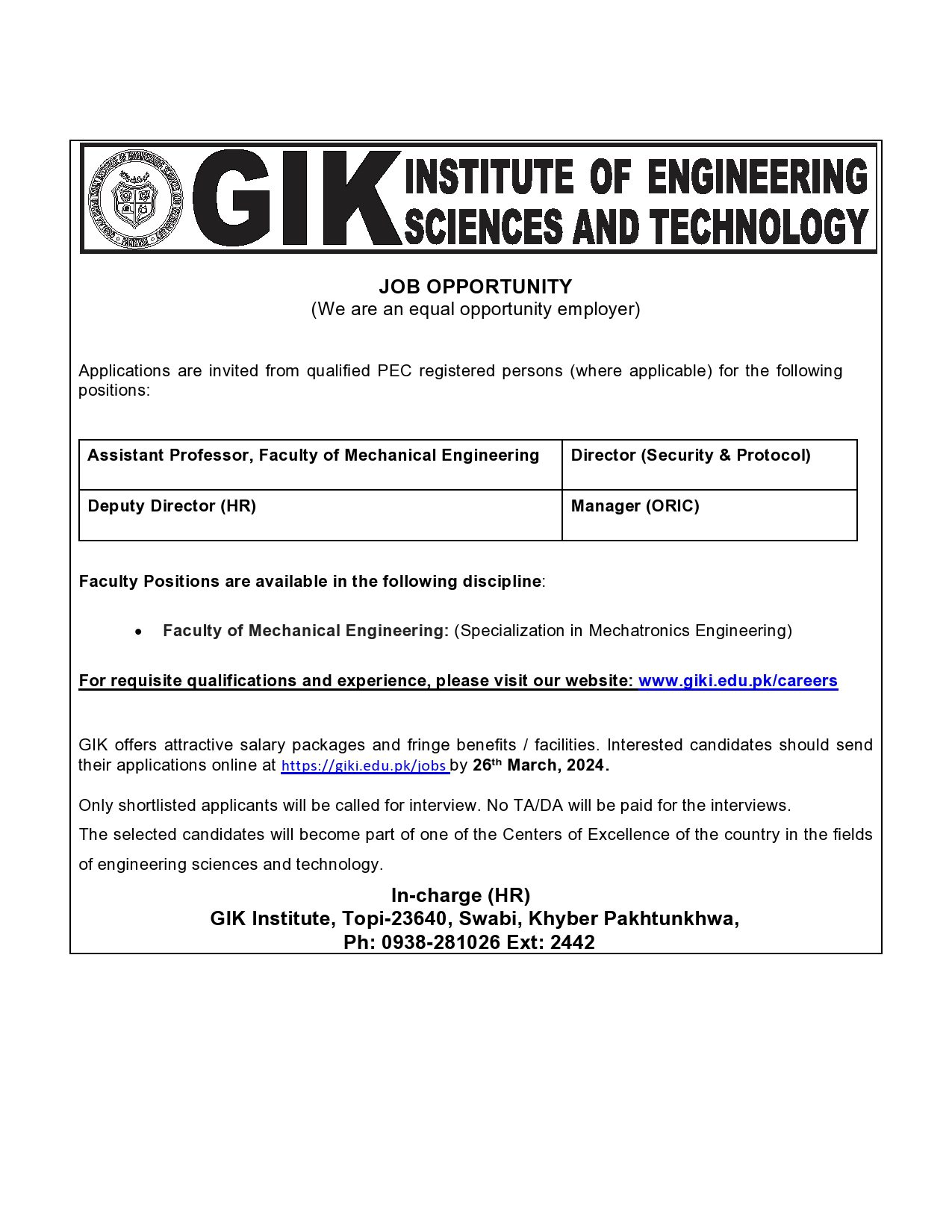 JOB OPPORTUNITIES - Ghulam Ishaq Khan Institute Of Engineering Sciences ...